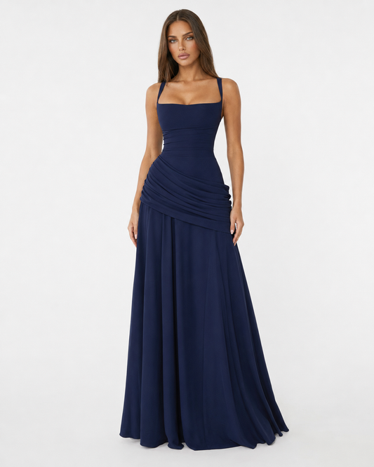Enie — Vestido Maxi Fruncido Escote Recto