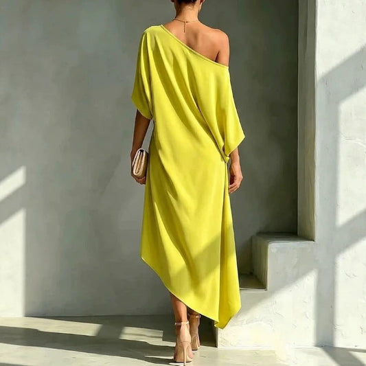 Helena — Vestido Asimétrico Escote Bardot