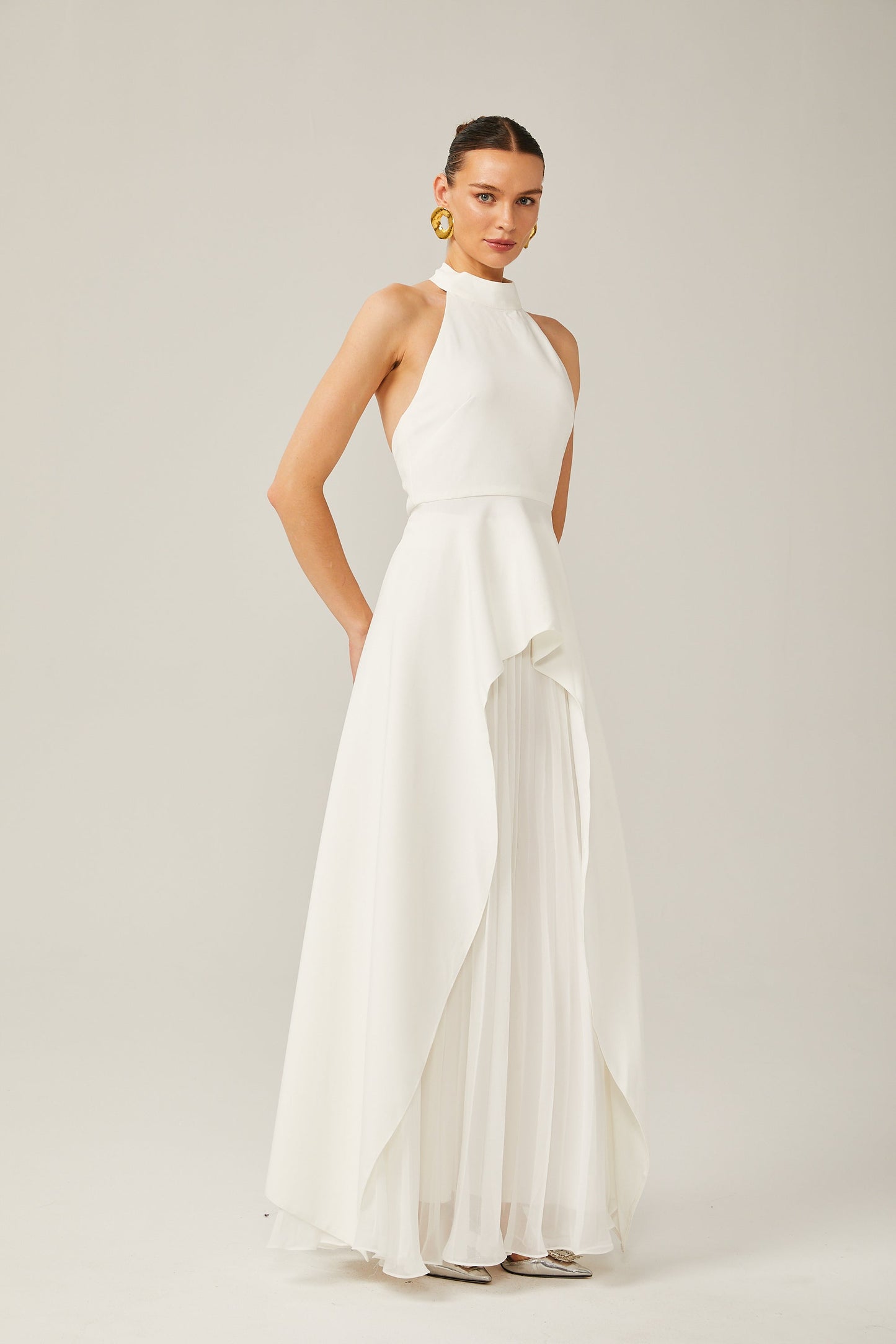 Inés — Vestido Largo Halter Drapeado Asimétrico