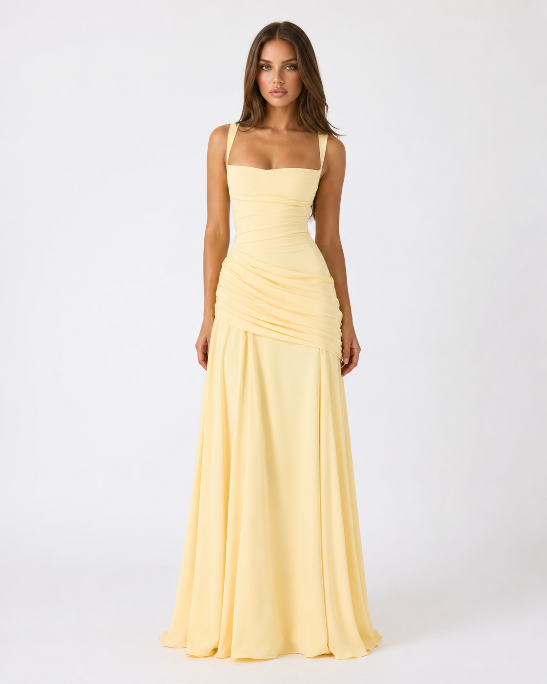 Enie — Vestido Maxi Fruncido Escote Recto
