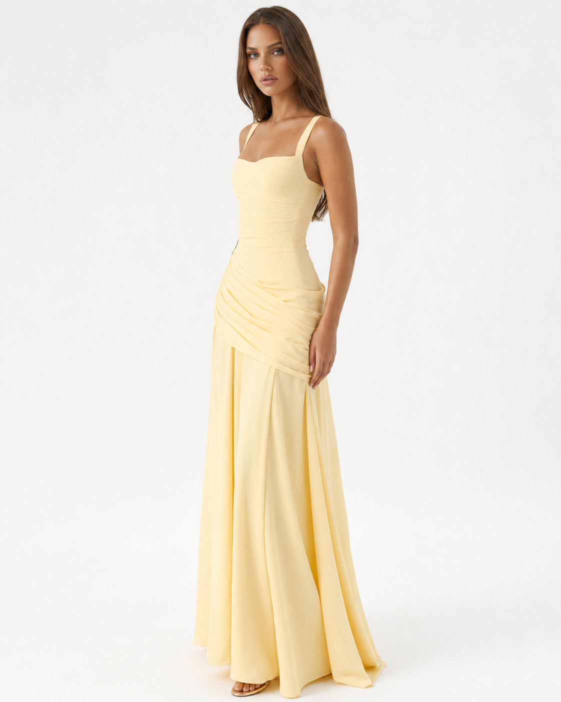 Enie — Vestido Maxi Fruncido Escote Recto