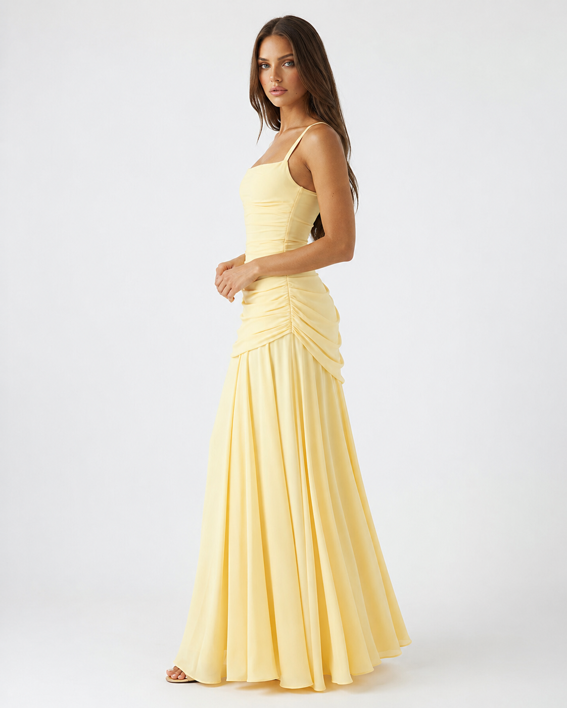 Enie — Vestido Maxi Fruncido Escote Recto