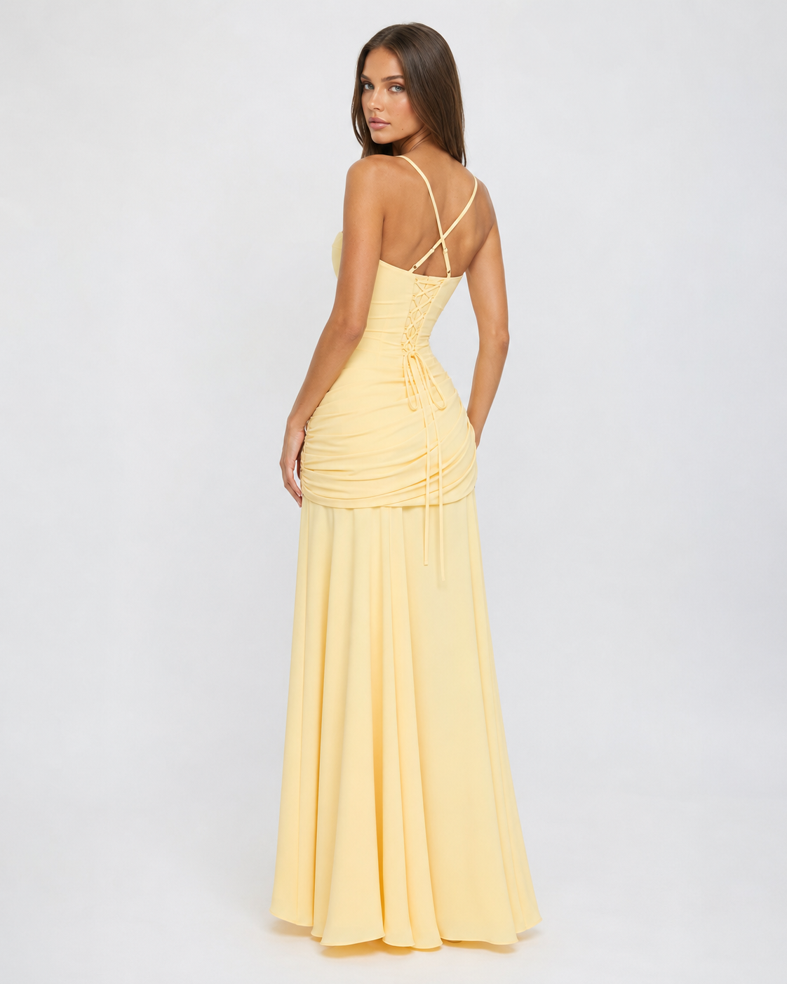 Enie — Vestido Maxi Fruncido Escote Recto