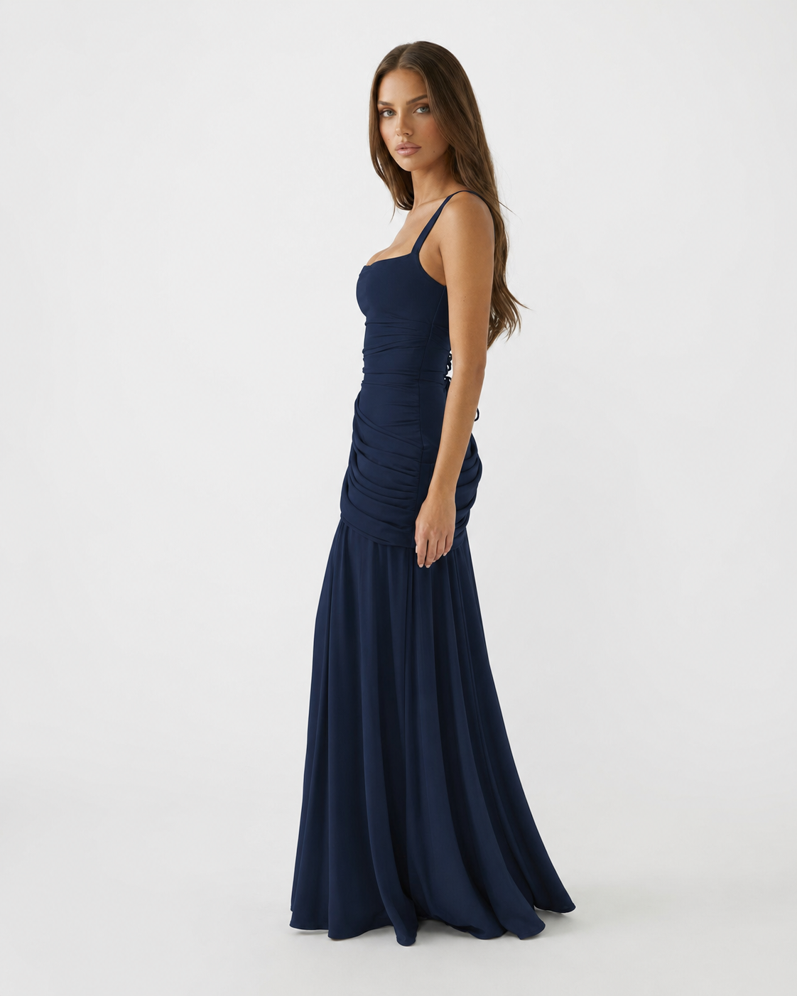 Enie — Vestido Maxi Fruncido Escote Recto