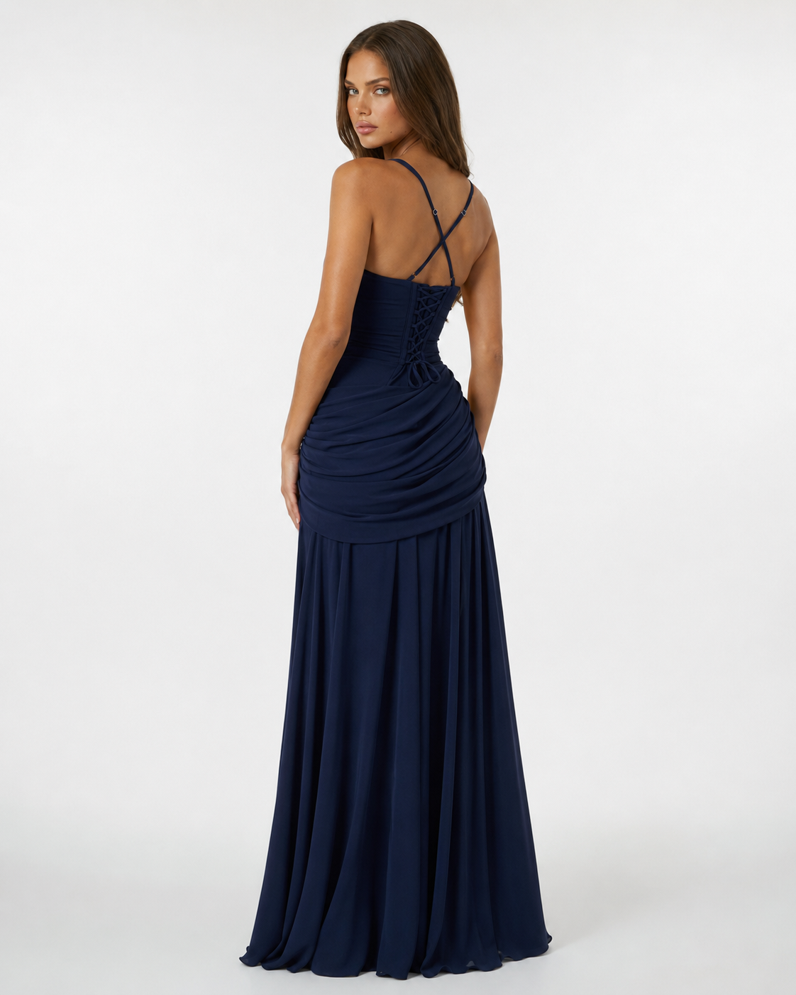 Enie — Vestido Maxi Fruncido Escote Recto