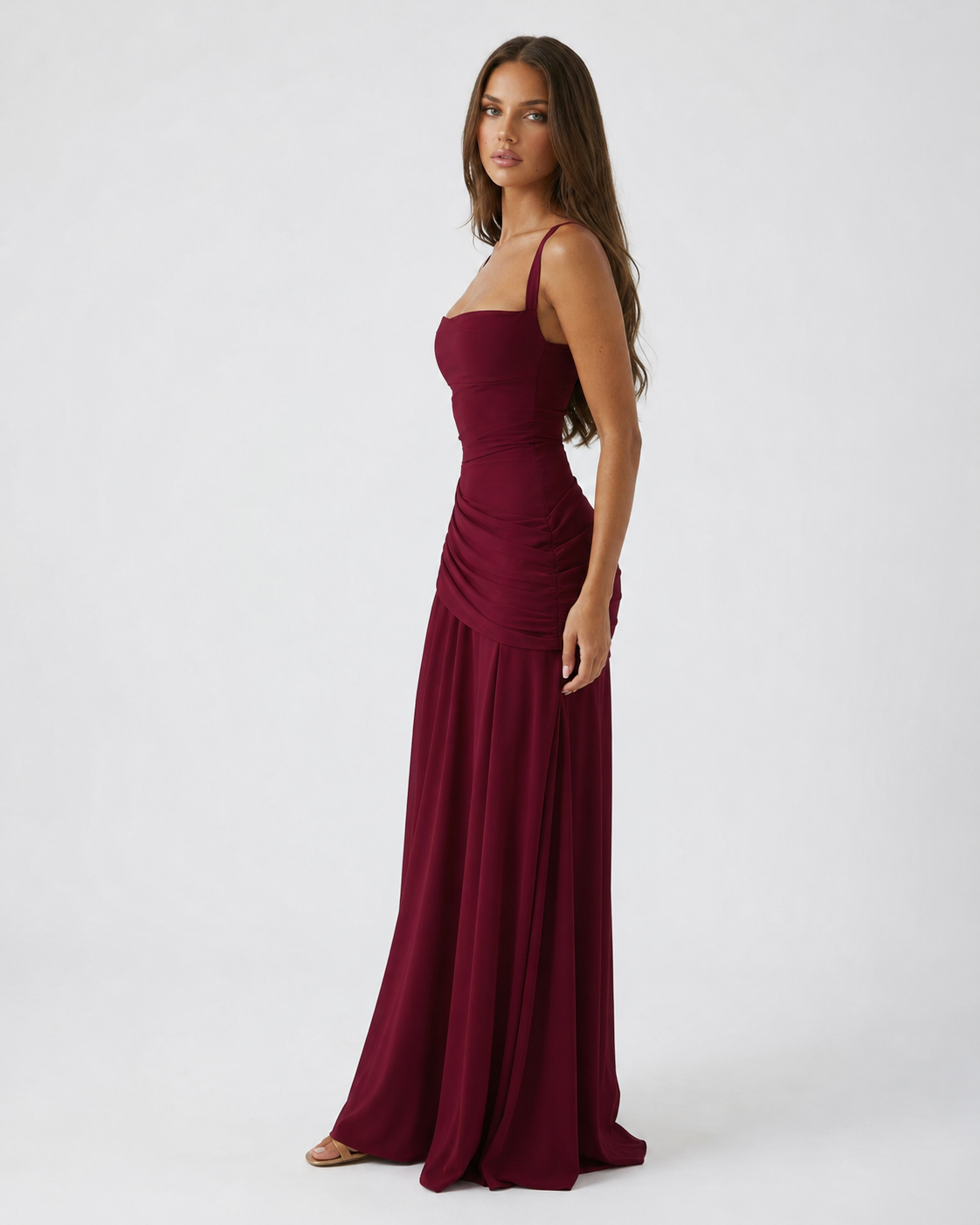 Enie — Vestido Maxi Fruncido Escote Recto