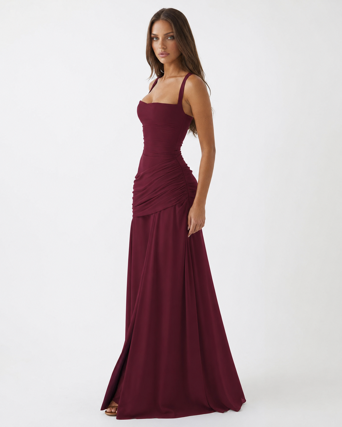 Enie — Vestido Maxi Fruncido Escote Recto