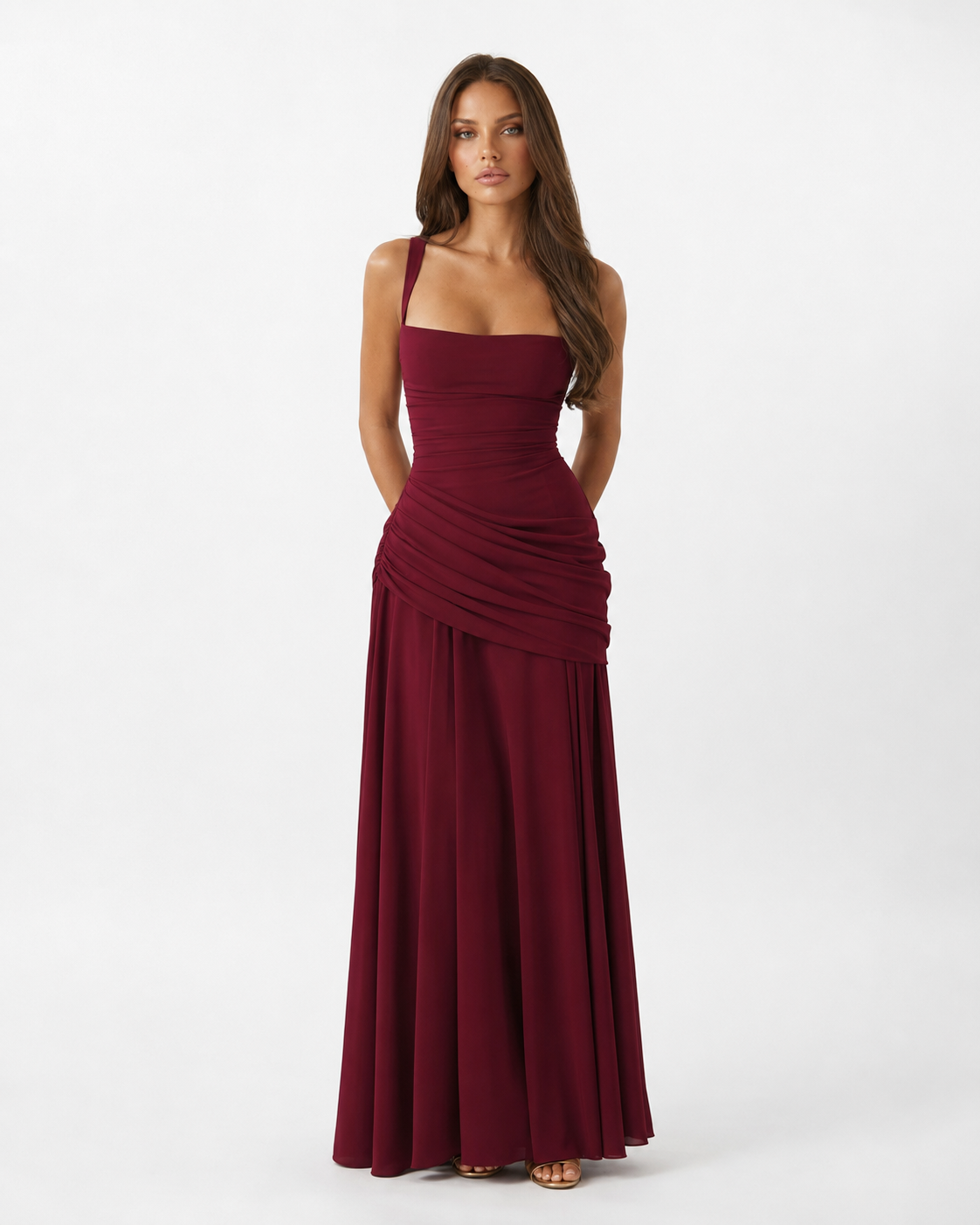 Enie — Vestido Maxi Fruncido Escote Recto