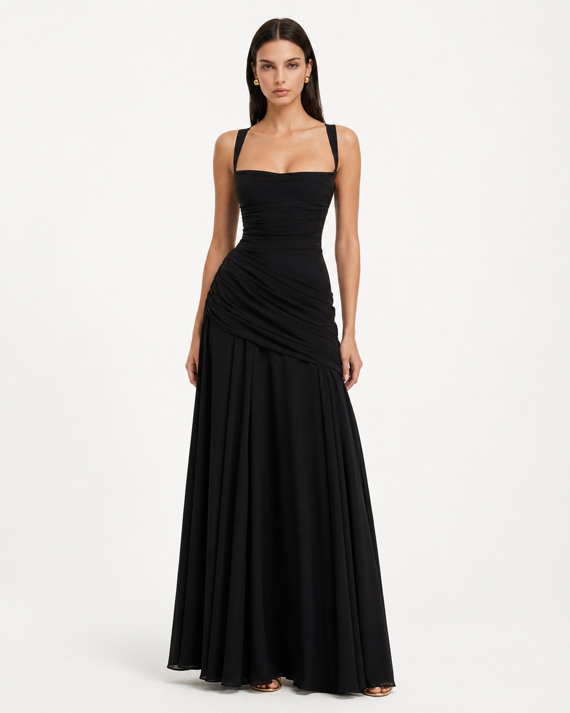 Enie — Vestido Maxi Fruncido Escote Recto