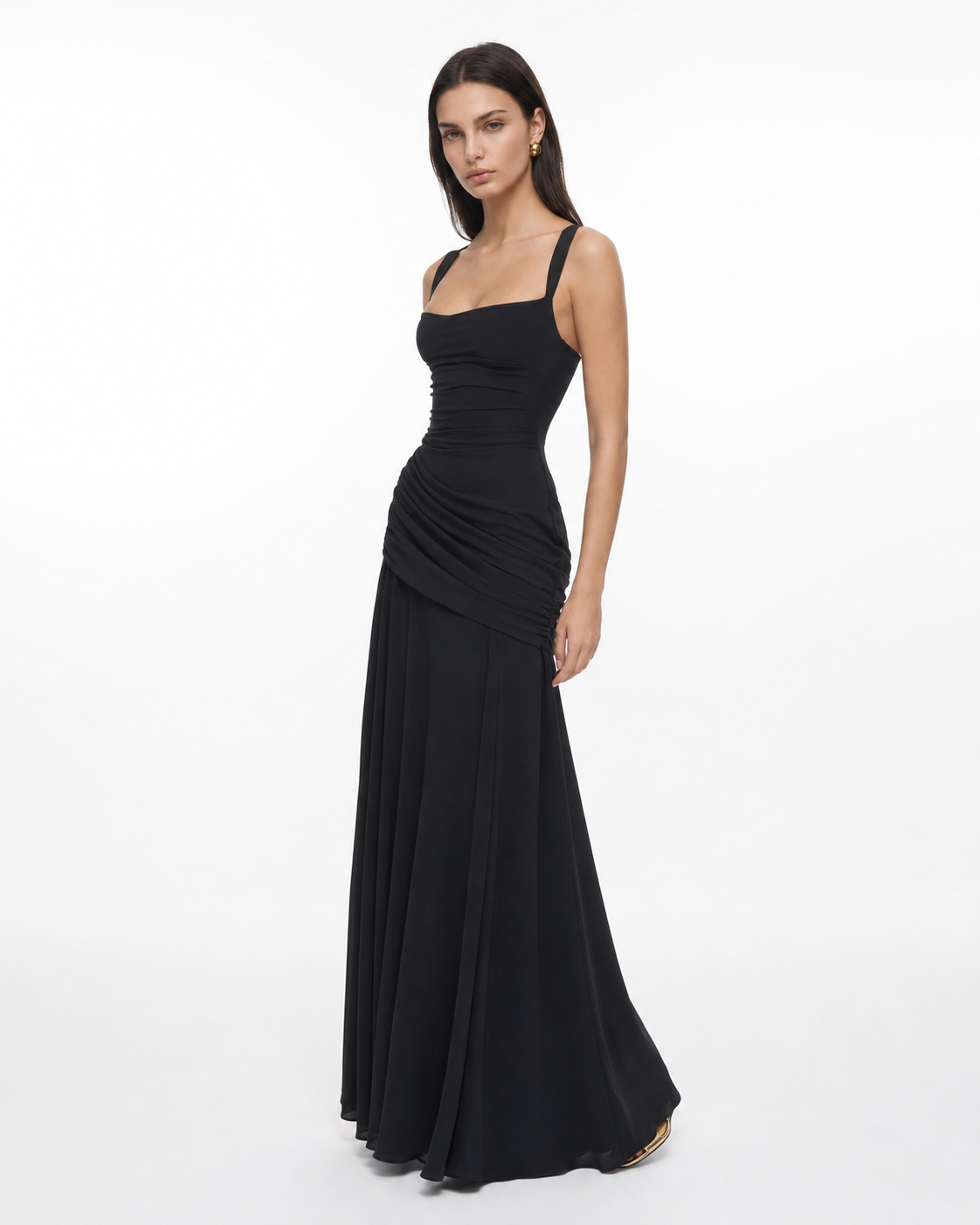 Enie — Vestido Maxi Fruncido Escote Recto