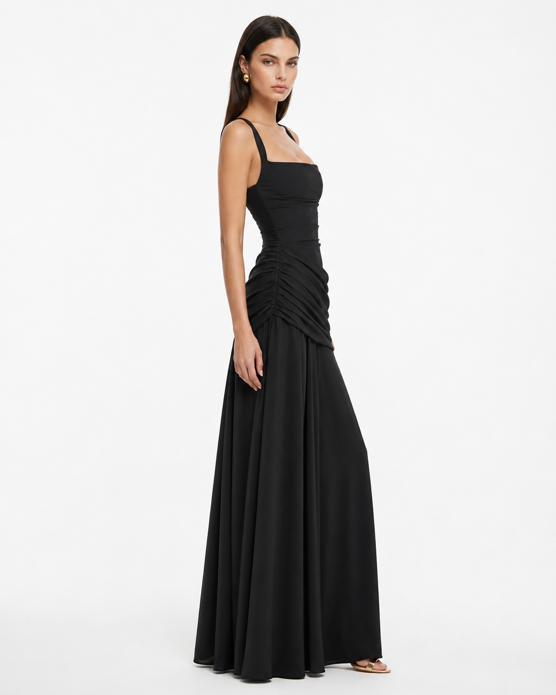 Enie — Vestido Maxi Fruncido Escote Recto