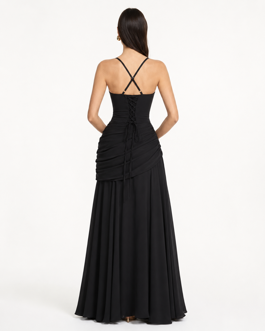 Enie — Vestido Maxi Fruncido Escote Recto