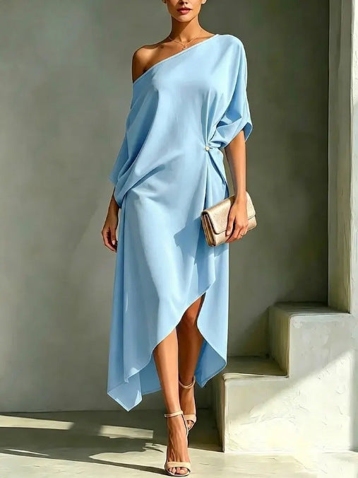 Helena — Vestido Asimétrico Escote Bardot