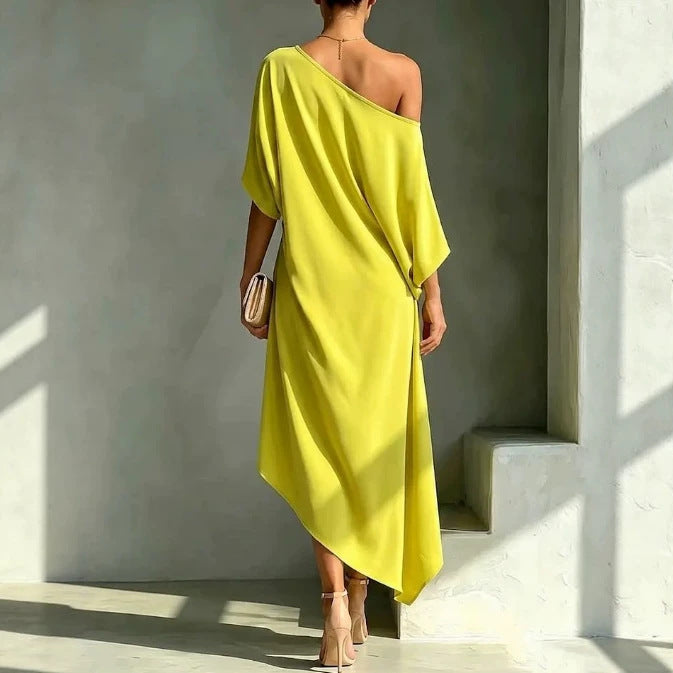 Helena — Vestido Asimétrico Escote Bardot
