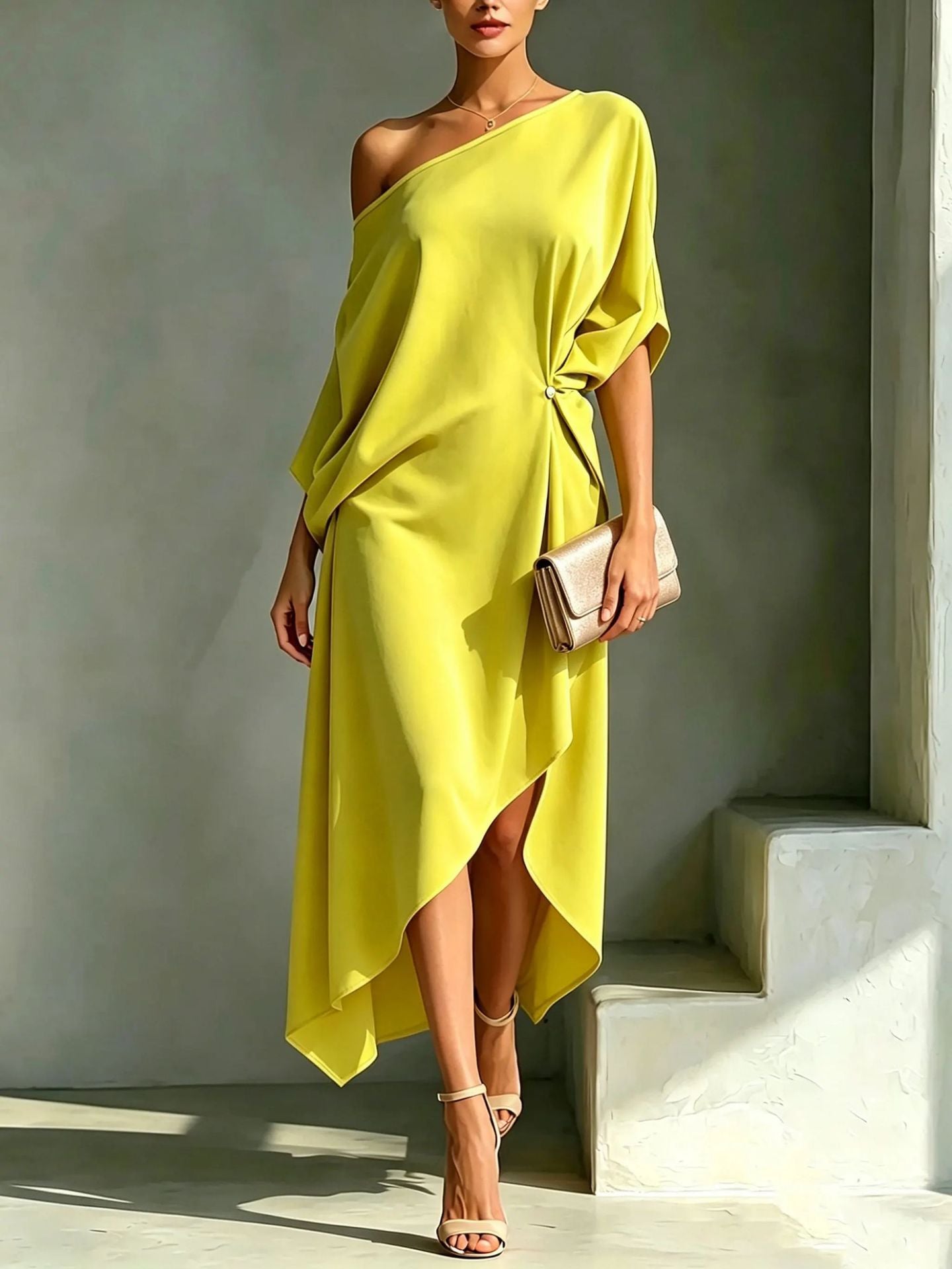 Helena — Vestido Asimétrico Escote Bardot