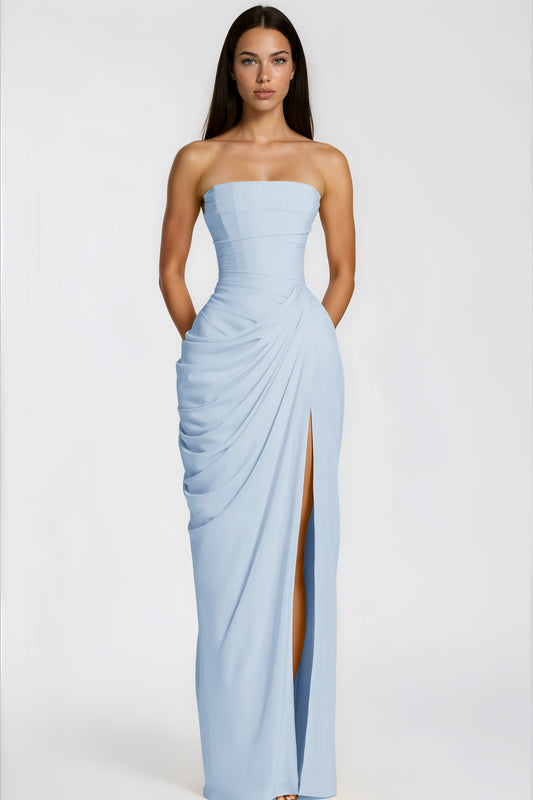 Lía — Vestido Maxi Drapeado Escote Palabra de Honor