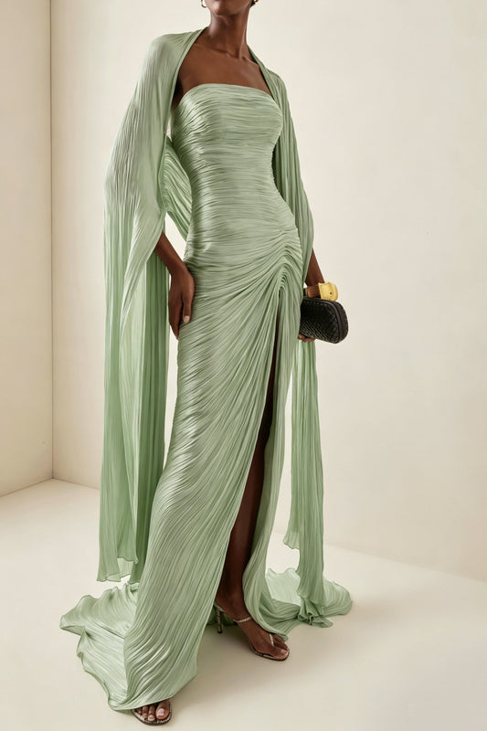 Selene — Vestido Maxi Drapeado Capa Asimétrica