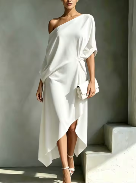Helena — Vestido Asimétrico Escote Bardot