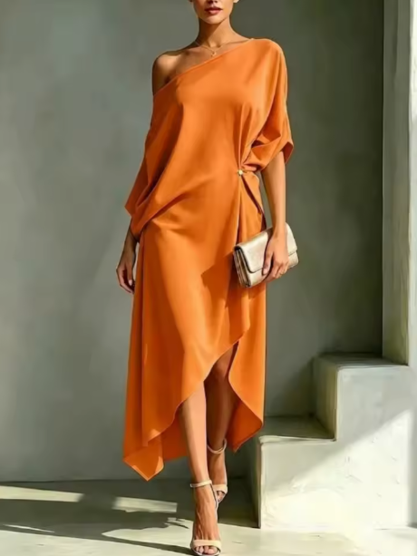 Helena — Vestido Asimétrico Escote Bardot
