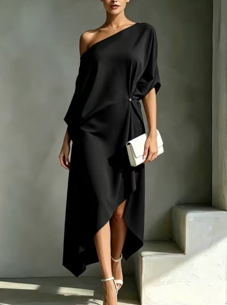 Helena — Vestido Asimétrico Escote Bardot