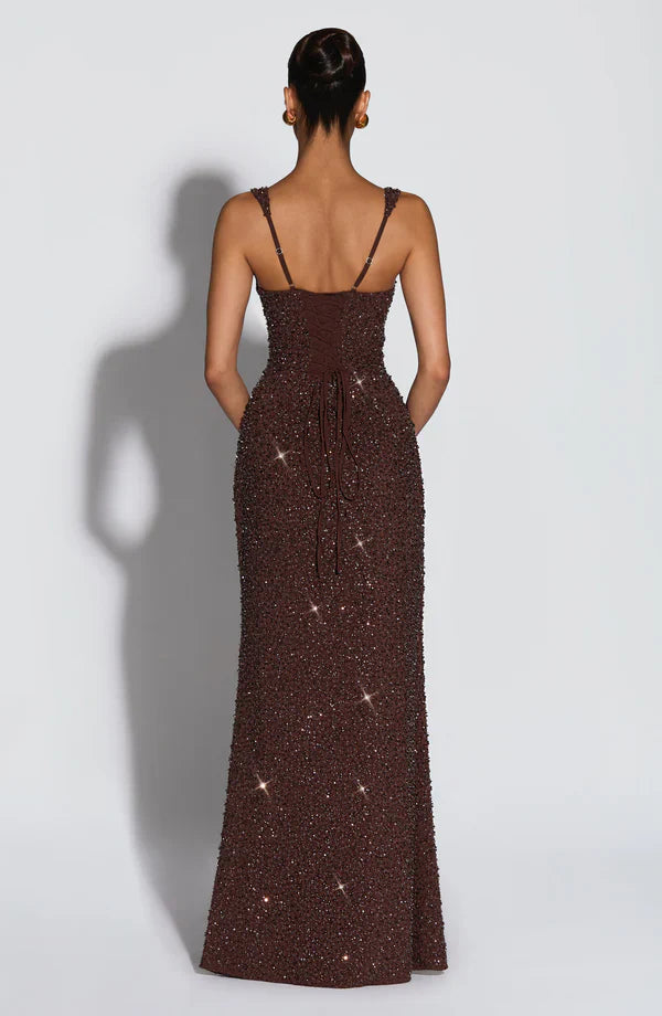 Isabela — Vestido Maxi Lentejuelas Escote Cuadrado