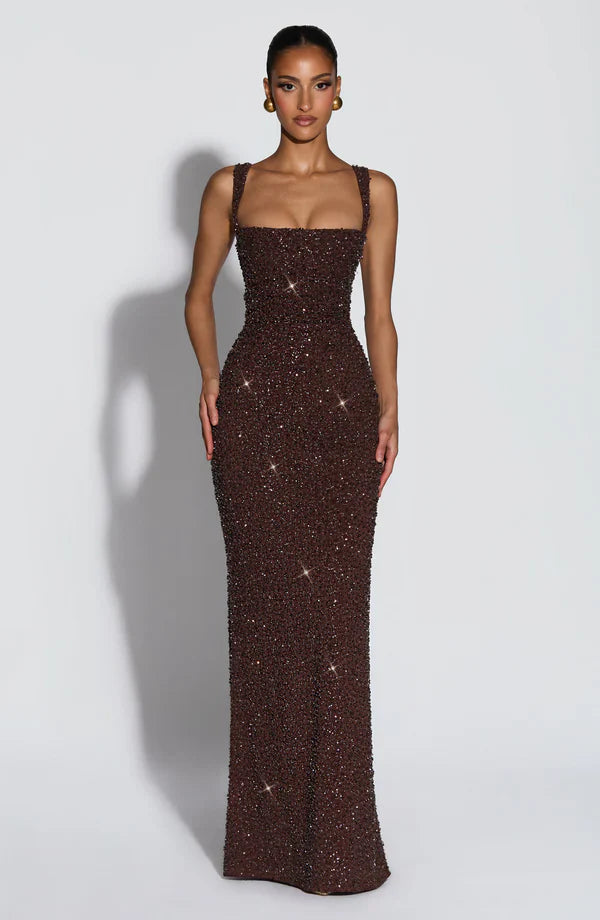 Isabela — Vestido Maxi Lentejuelas Escote Cuadrado