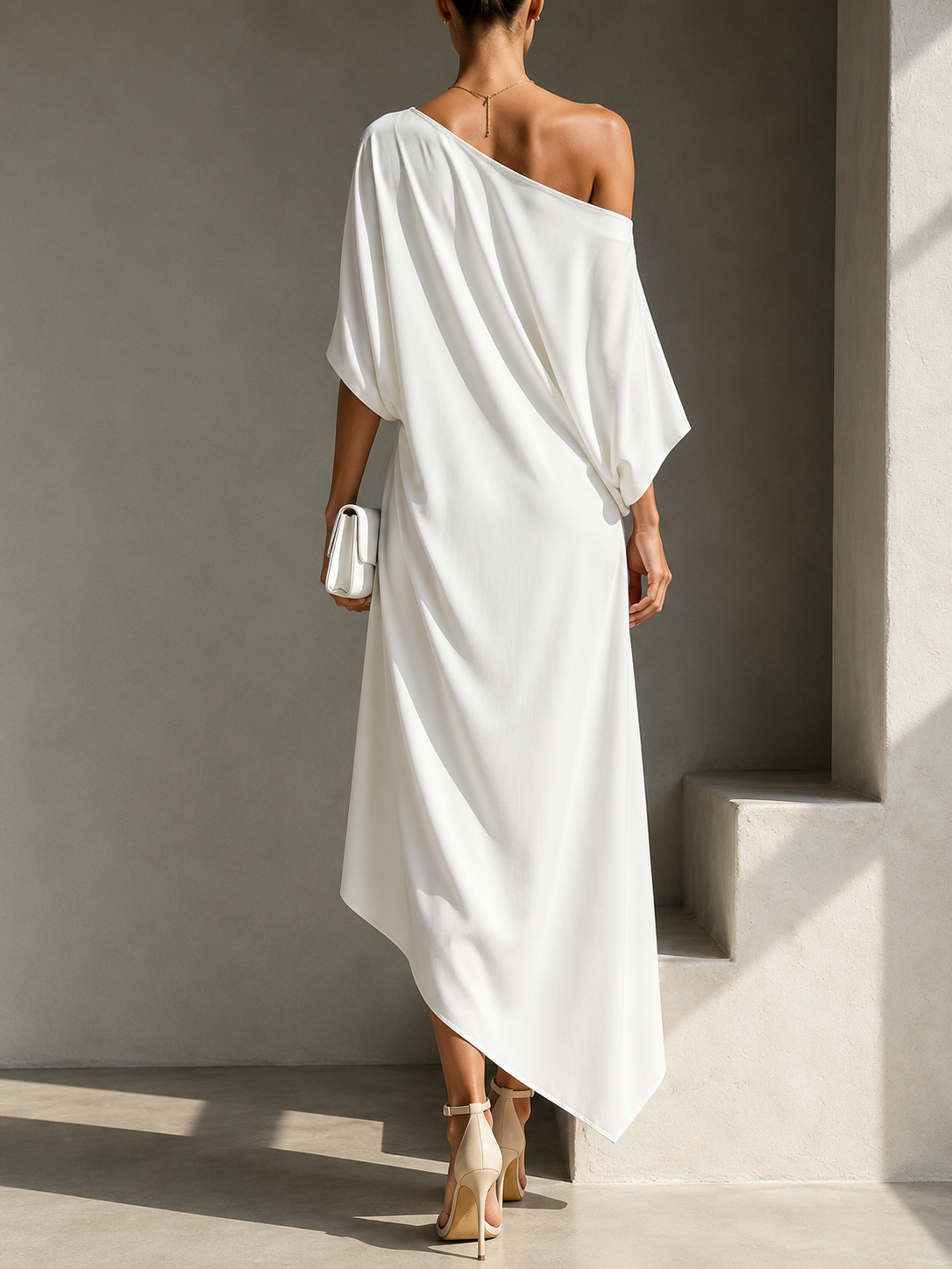 Helena — Vestido Asimétrico Escote Bardot
