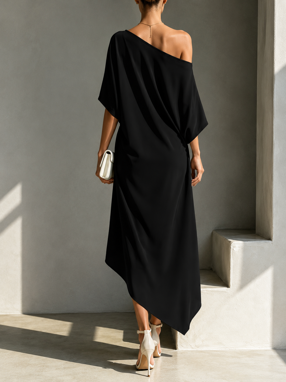 Helena — Vestido Asimétrico Escote Bardot