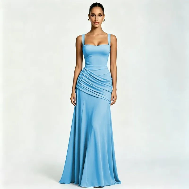 Enie — Vestido Maxi Fruncido Escote Recto