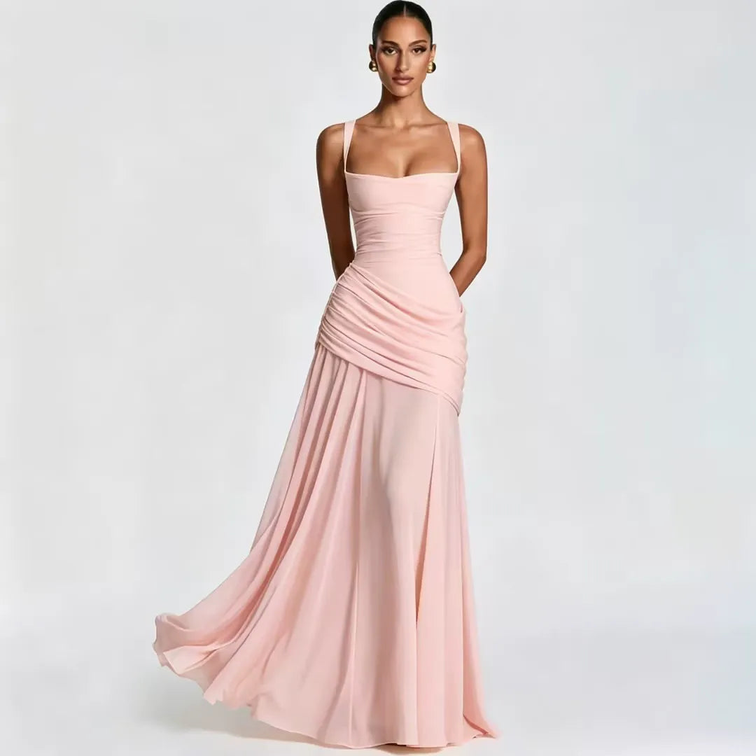 Enie — Vestido Maxi Fruncido Escote Recto