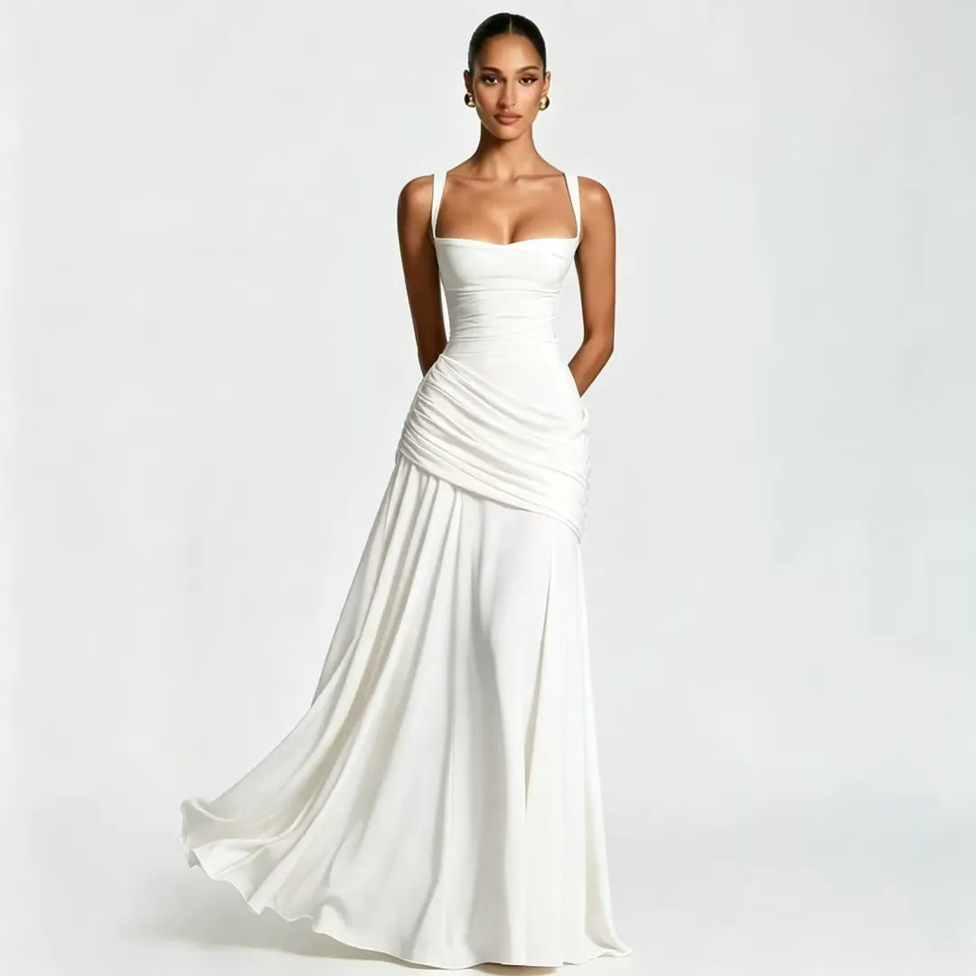 Enie — Vestido Maxi Fruncido Escote Recto