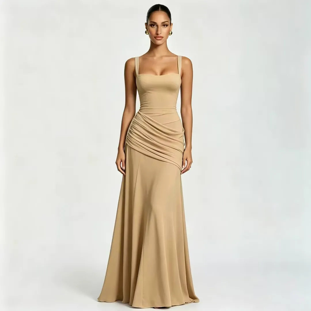 Enie — Vestido Maxi Fruncido Escote Recto